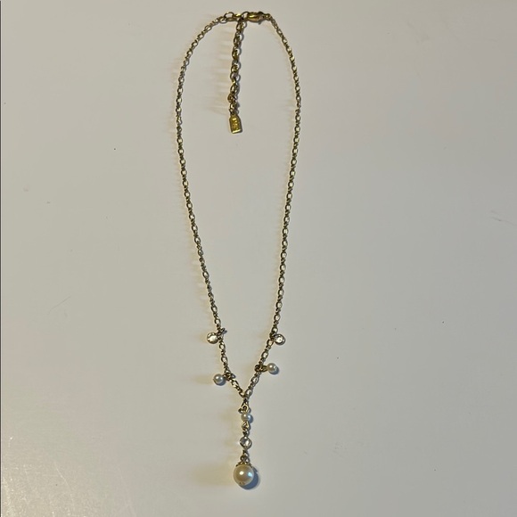 1928 Gold Tone and Faux Pearl Drop Necklace - Picture 1 of 3